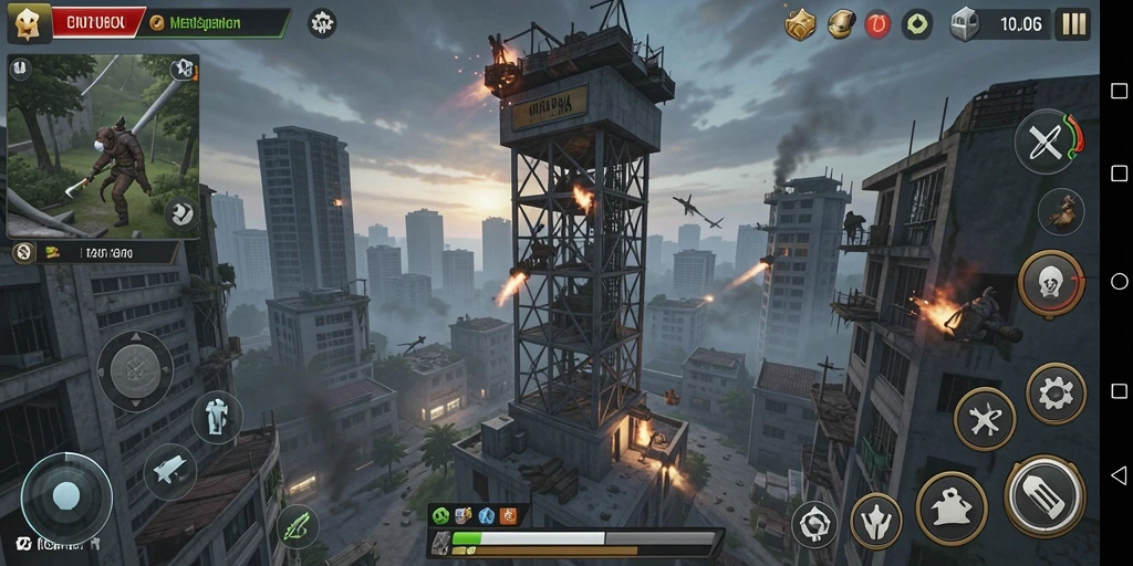 Screenshot gameplay D06 menampilkan menara menyerang musuh dengan grafis yang mengesankan.
