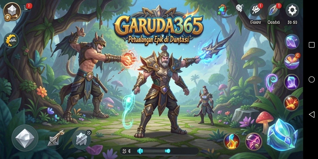 Screenshot GARUDA365 menampilkan pertarungan epik dan eksplorasi dunia RPG.