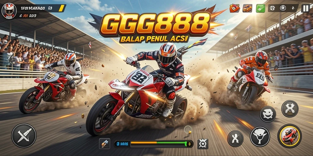 Tangkapan layar gameplay GGG888 menampilkan balapan mendebarkan dengan mobil cepat.
