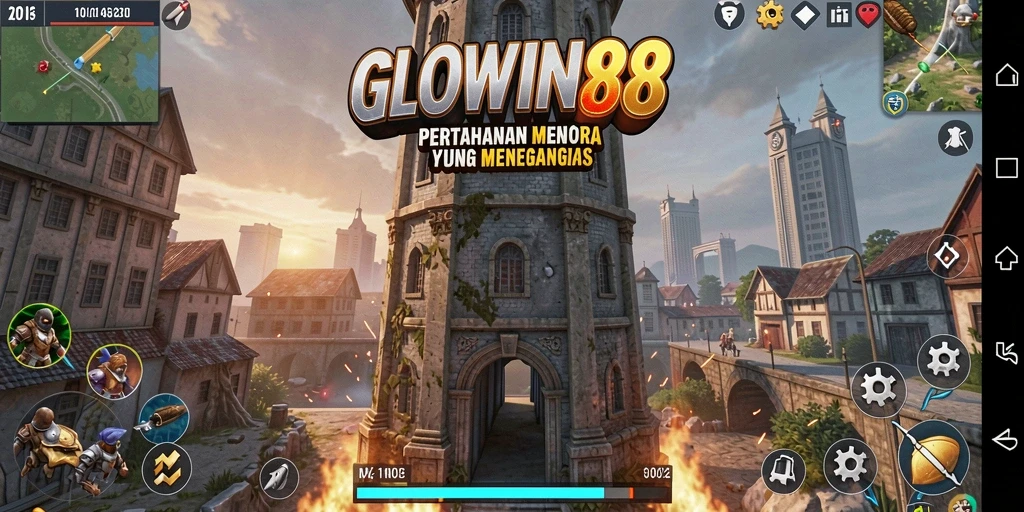Tampilan utama gameplay GLOWIN88 yang menampilkan pertarungan Tower Defense.
