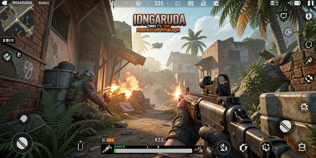 Screenshot menunjukkan aksi intens permainan FPS IDNGARUDA.